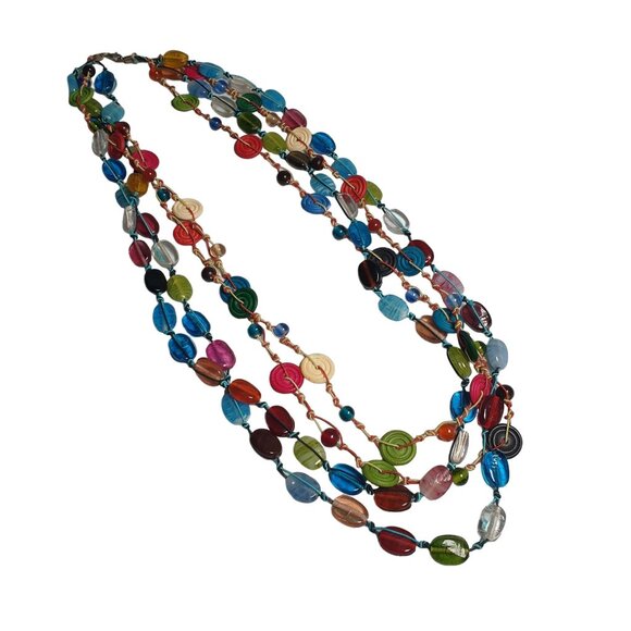 Colorful BOHO Beaded Necklace Glass Wooden 4 Layer Lobster Clasp Beach Core - Picture 1 of 4